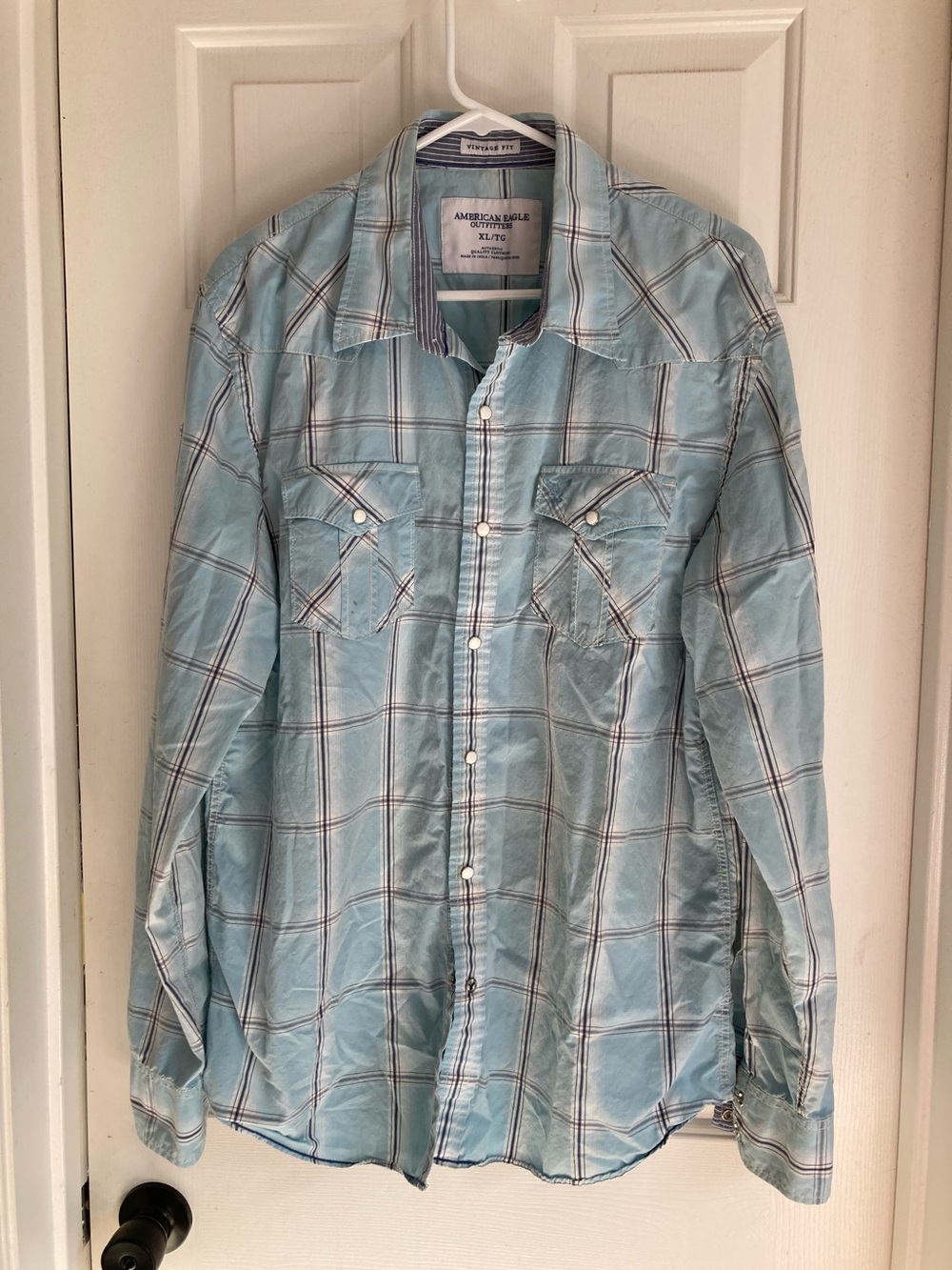 American Eagle Outfitters Light Blue Plaid Button-Down Shirt